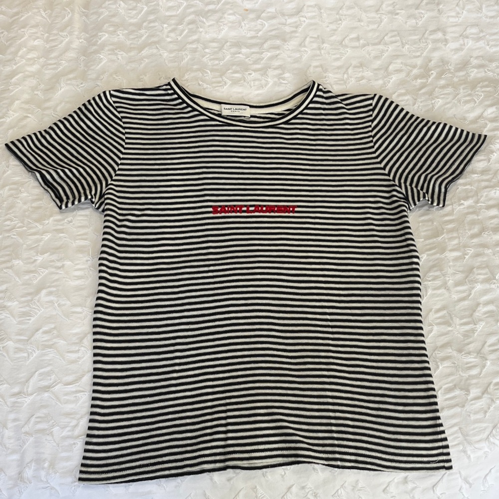Saint Laurent Black & White Striped women’s Tee with Red Logo XS